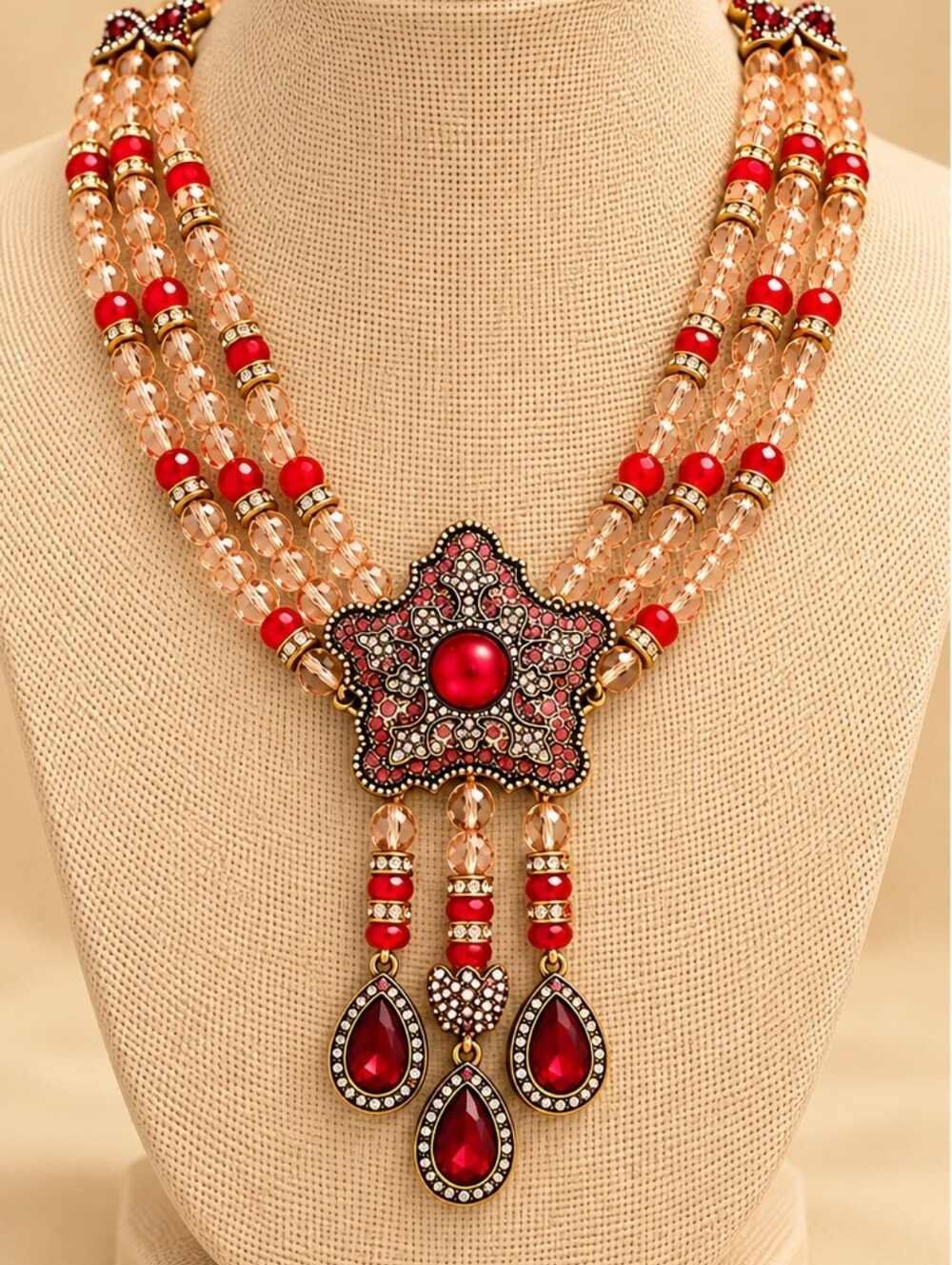 Red Beaded Floral Statement Necklace - Women Jewelry